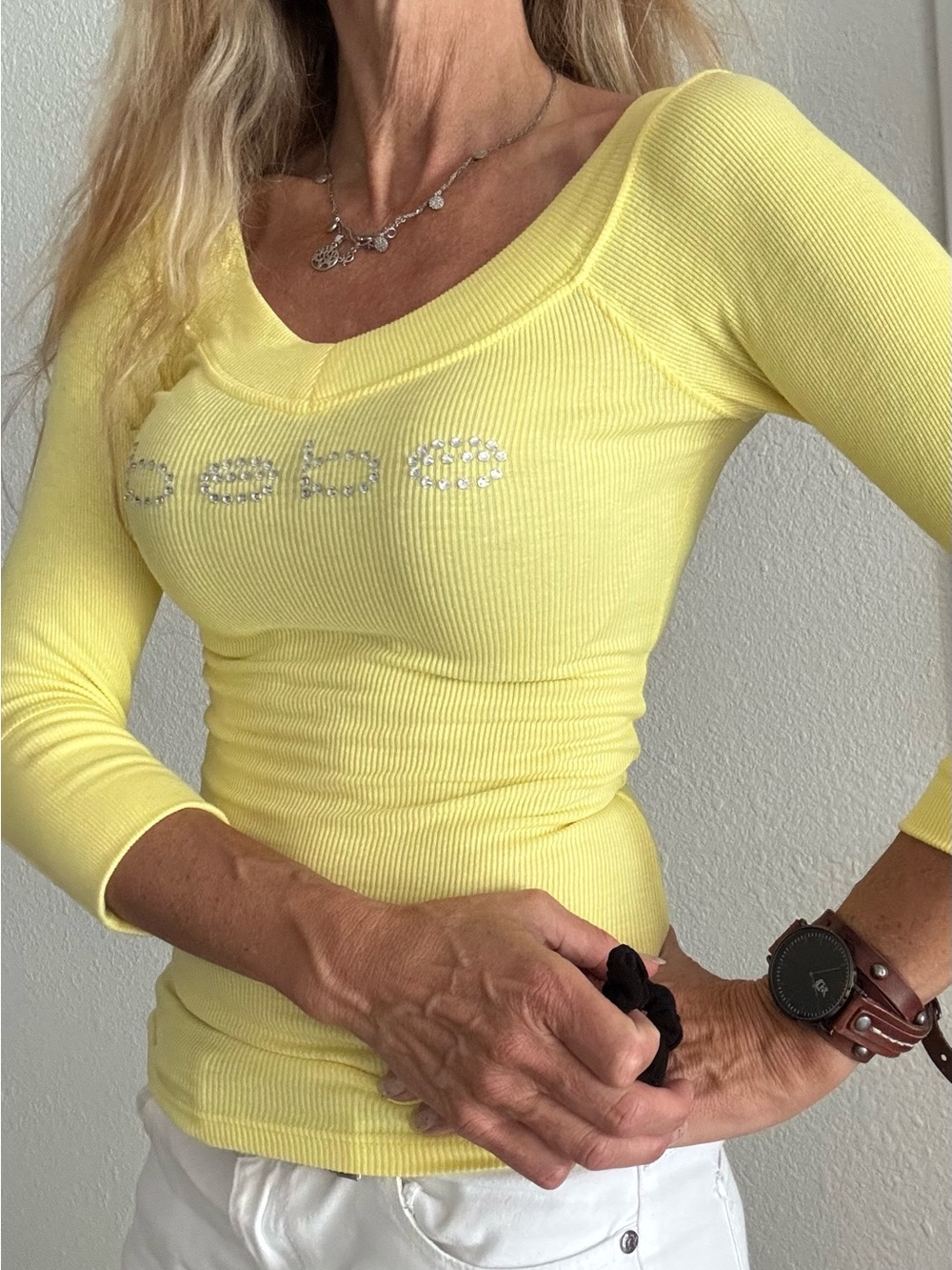 bebe Yellow Ribbed Long-Sleeve Top with Crystal Logo